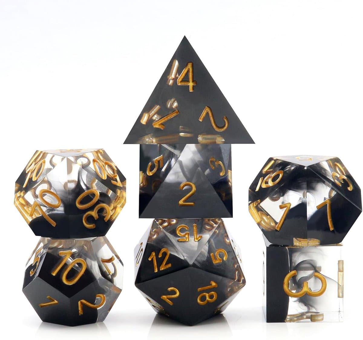 Dobbelstenen Set - RPG Dobbelstenen - Tabletop Rollenspellen - Handgemaakt Hars Ontwerp - 7 Stuks - Zwart