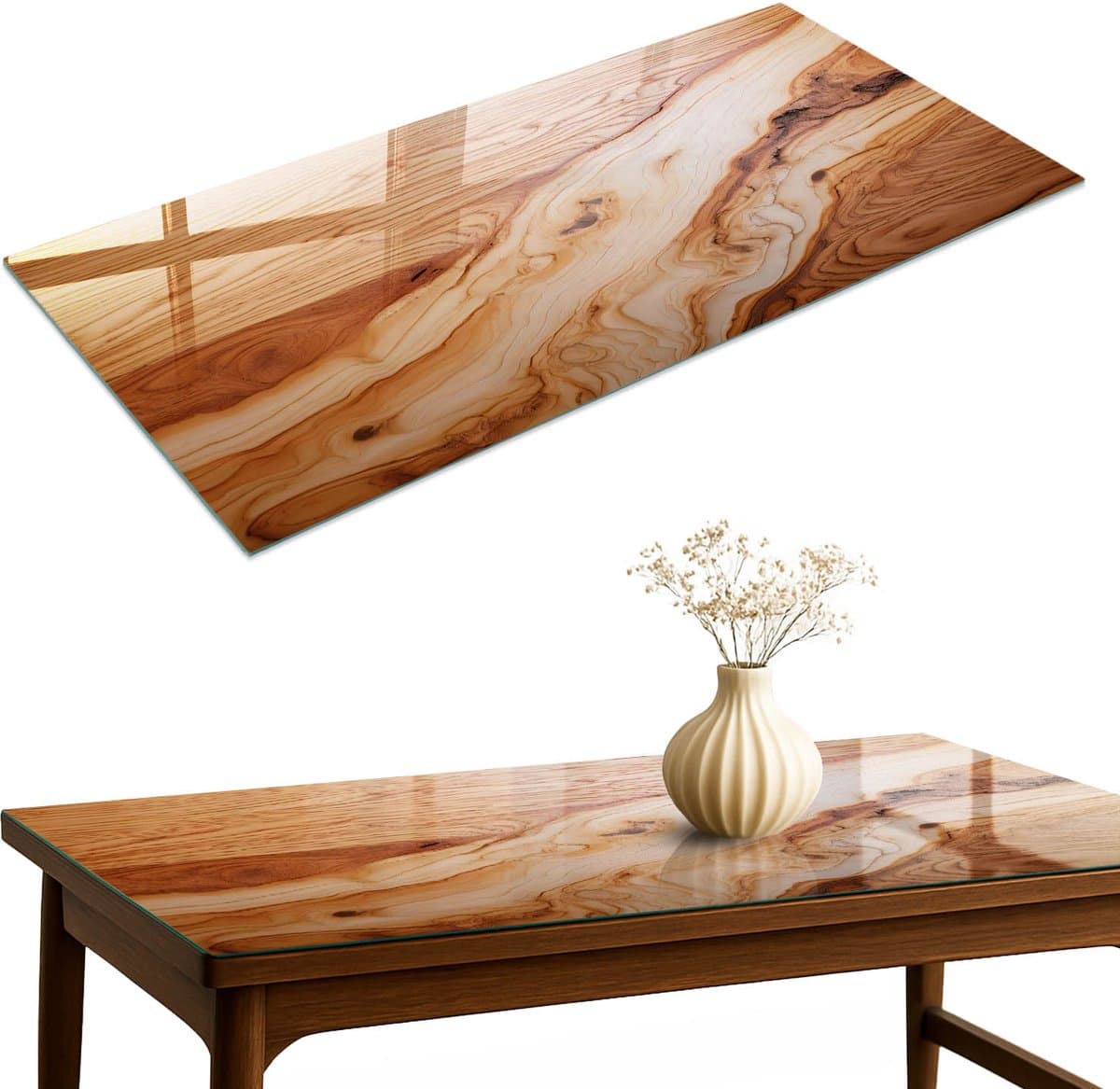 ArtPrintCave Houten ringen Glazen Tafelblad 120x60 cm - Tafelblad Rechthoek - Beige Tafelblad Glas - Teksten Glazen Eettafel