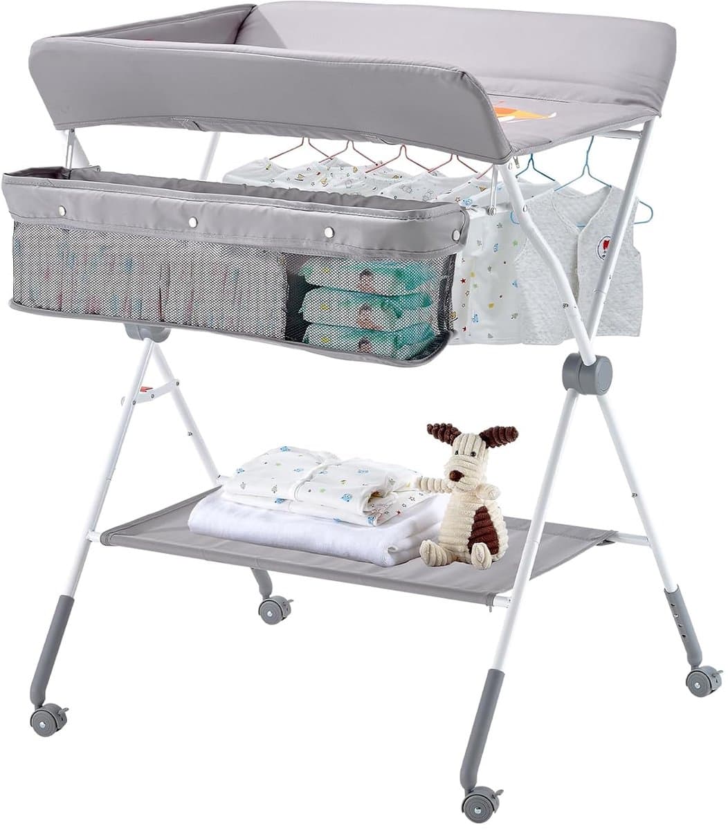 Baby commode - Luierstation - Baby verzorgen - Verstelbare hoogte - 85 x 75 x 109 cm - Lichtgrijs