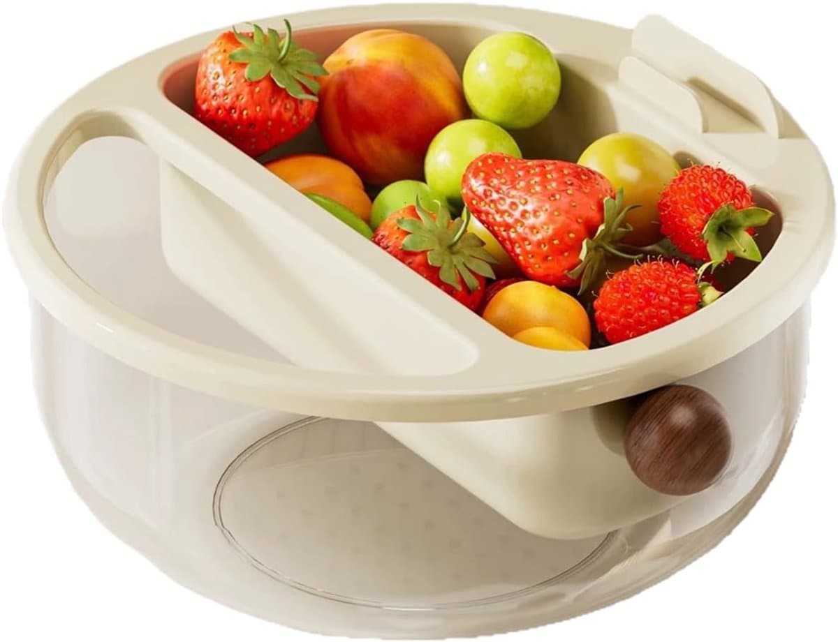 Multifunctionele dubbelvak snack en fruit afvoerbak crème met walnoot houten knoppen, 16,2x9,9cm scheidingsopbergbak voor zaden, bessen en tussendoortjes