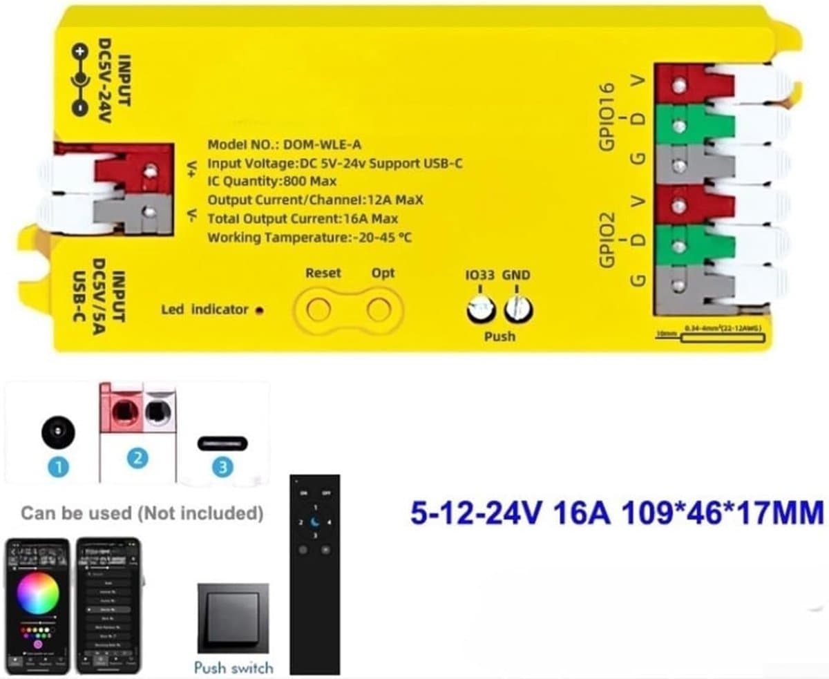 LED Strip Controller - Domotica Controller - Smart Home Bediening - OTA Firmware Updates - DC 5-24V 16A - Geel