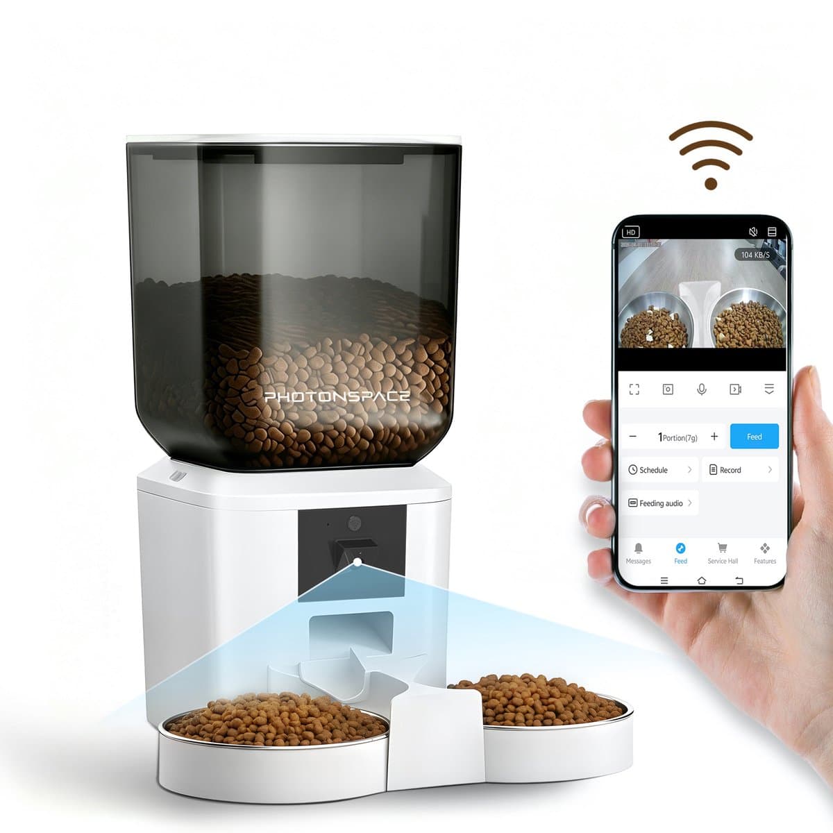 Photonspace Automatische Voerbak 7L – Dubbele RVS Bakken – Kat & Hond – Full HD 1080P Camera Nachtzicht – Twee-weg Audio – WiFi App – Voerschema Instellen