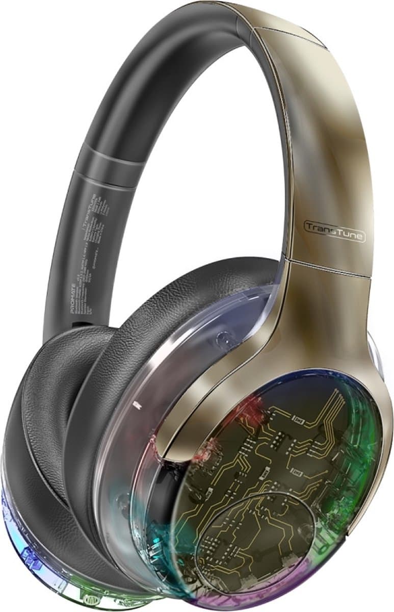 ProMate® Premium Draadloze Hoofdtelefoon, Hi-Fidelity Transparante ANC Bluetooth v5.4 Headset met RGB-verlichting, Microfoon, Opvouwbaar Ontwerp, 40 uur Speeltijd, 600mAh Batterij en 3.5mm Jack, TransTune Gunmetal.