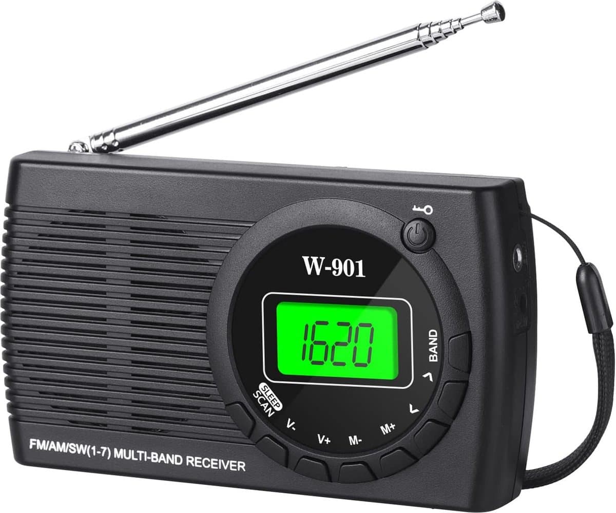FM/AM/SW Draagbare Radio met Schermweergave/Koptelefoonaansluiting - Kleine Radio op AA-batterijen - Klokfunctie - Geschikt voor Wandelen, Joggen en Kamperen (zonder batterij)