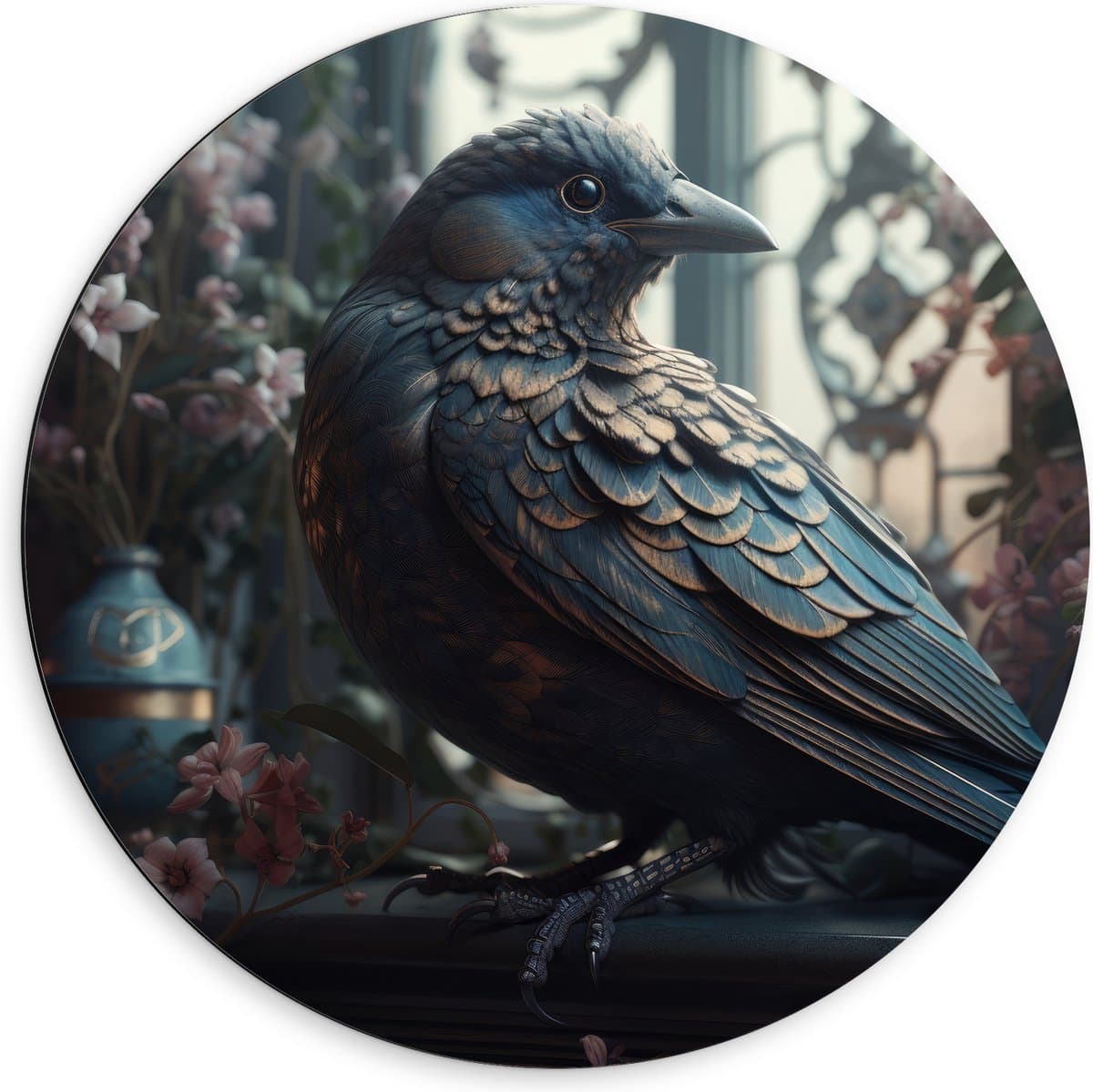 Dibond Muurcirkel - Kleurrijke Veren op Kraai Vogel omringd door Bloemen - 60x60 cm Foto op Aluminium Muurcirkel (met ophangsysteem)