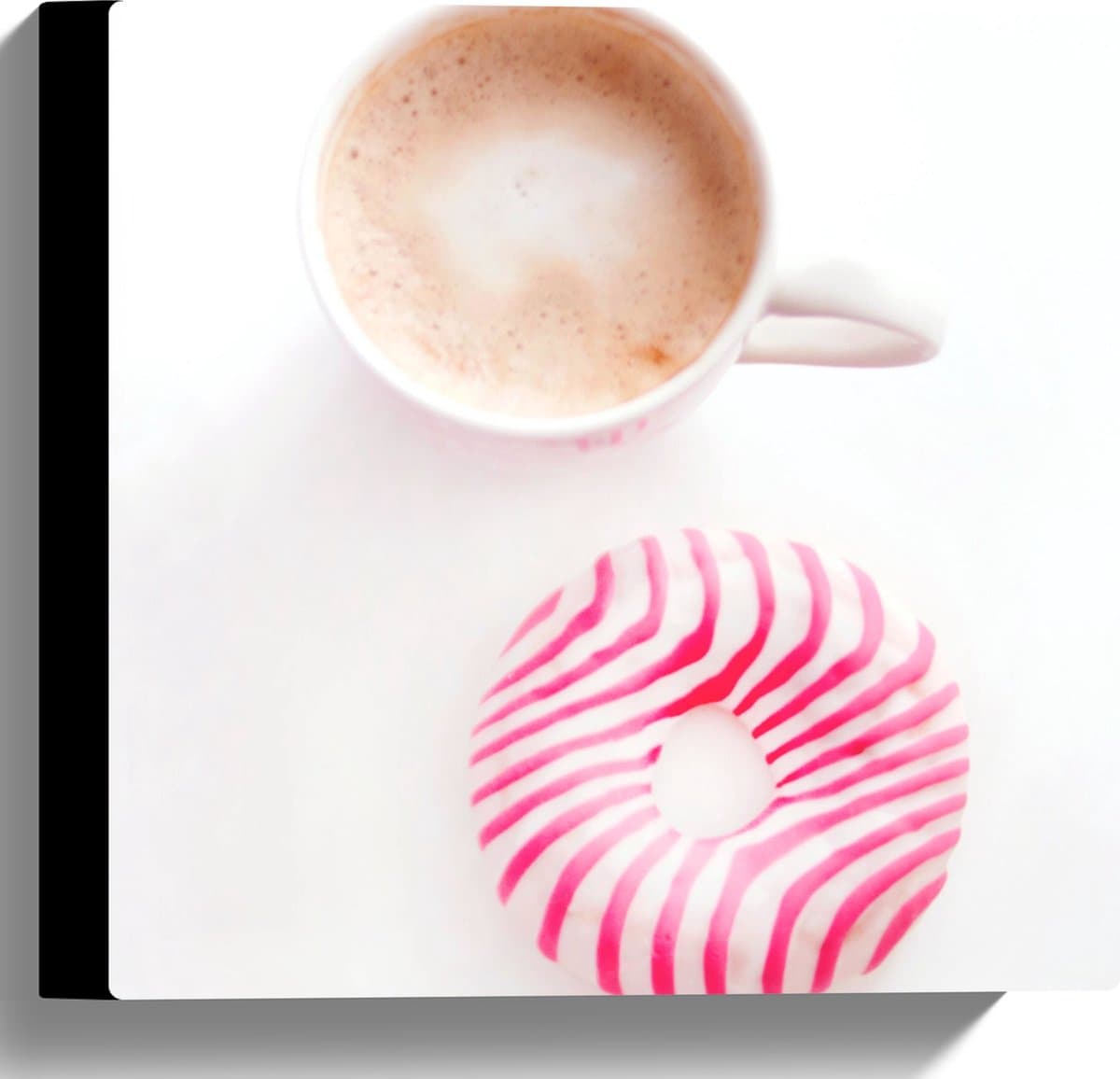 Canvas - Wit met Roze Gestreepte Donut naast Bak Koffie - 30x30 cm Foto op Canvas Schilderij (Wanddecoratie op Canvas)