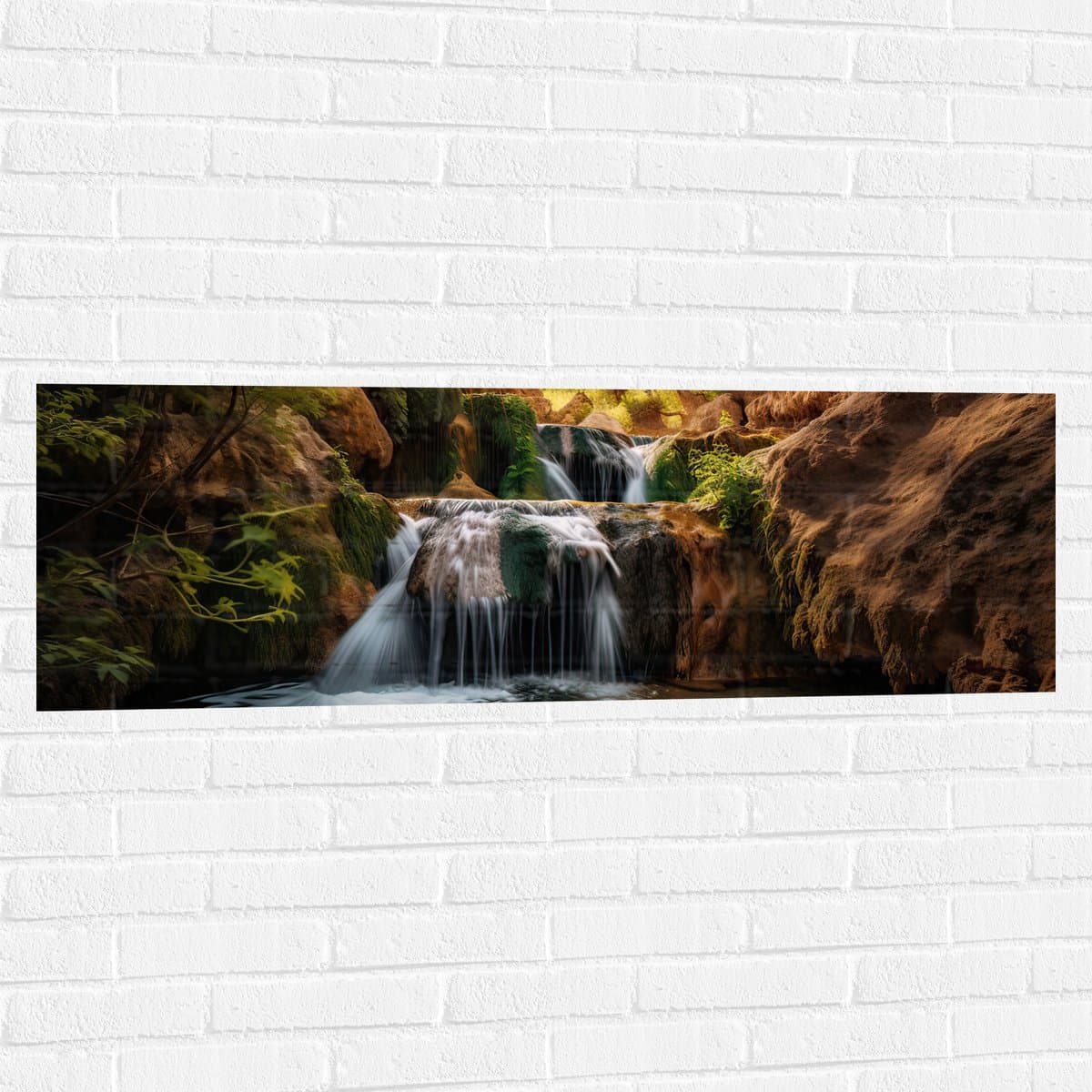 Muursticker - Kleine Watervallen bij de Rotsen in het Bos - 120x40 cm Foto op Muursticker