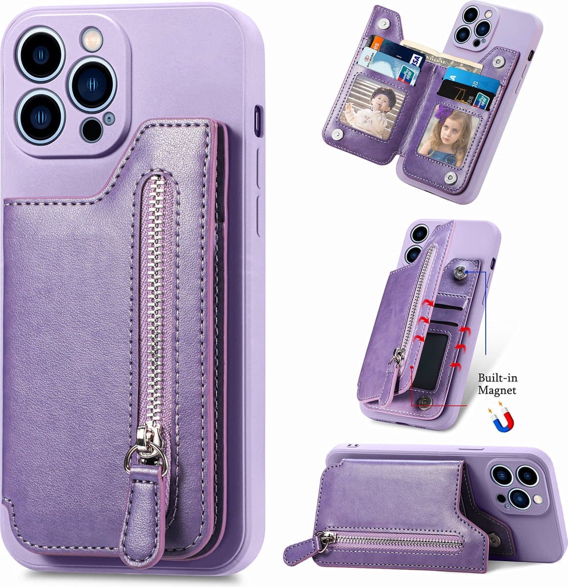Luxe Hybride Rits Card&Cash Wallet Case + PMMA Screenprotector voor iPhone 14 Pro _ Paars