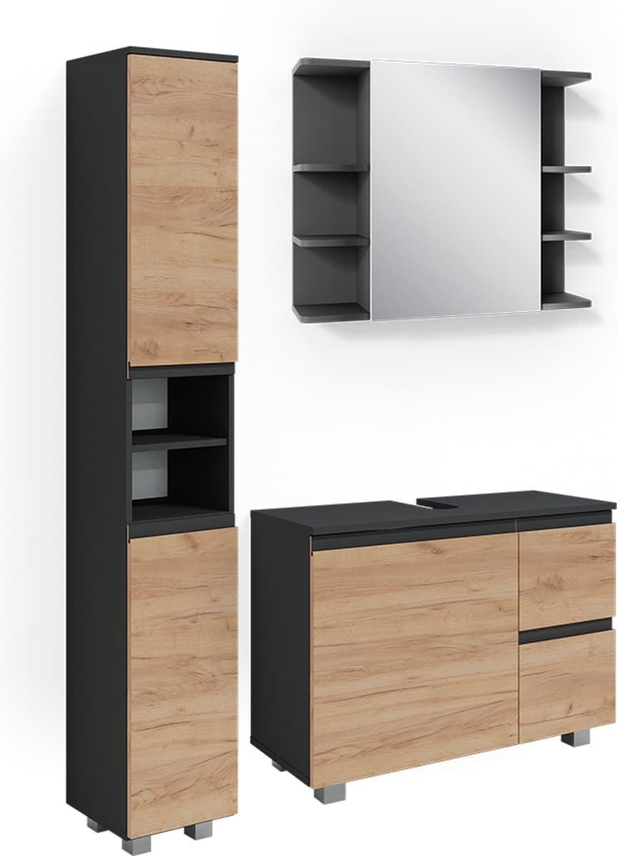 Vicco J-Shape Badkamermeubel set – 3 delen Grijs