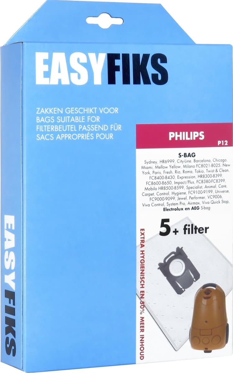 Easyfiks P12 stofzuigerzakken geschikt voor Philips S-bag - series Performer Active, Expression, Mobilo - 5 Stuks + 1 filter