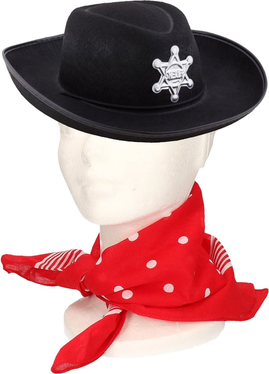 Verkleedset cowboyhoed Sheriff - zwart - met rode hals zakdoek - voor kinderen