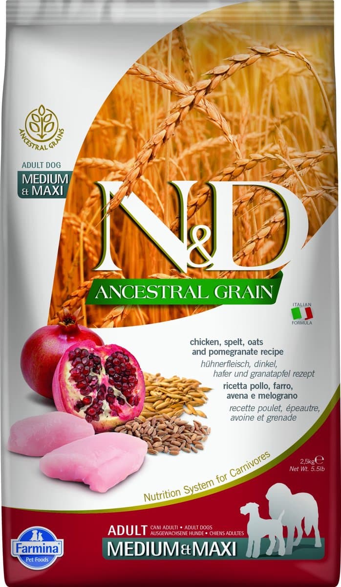 N&D Ancestral Grain hondenvoer met kip, spelt, haver en granaatappel, voor volwassen middelgrote/grote honden, 2,5 kg