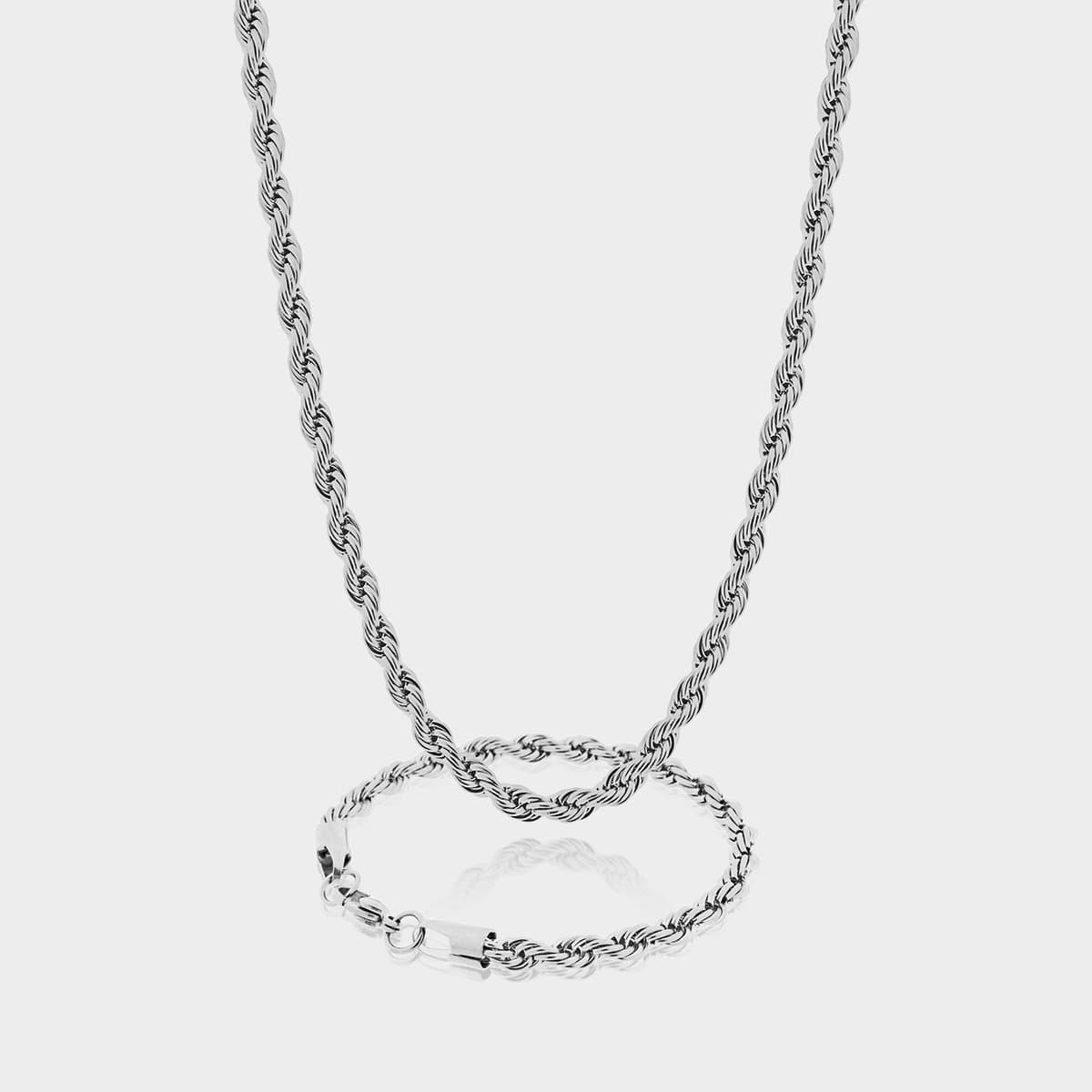 Rope Ketting 7 mm x Rope Armband 5 mm - Zilveren Schakelketting en Schakelarmband Heren - 50/21 cm lang - Olympus Jewelry
