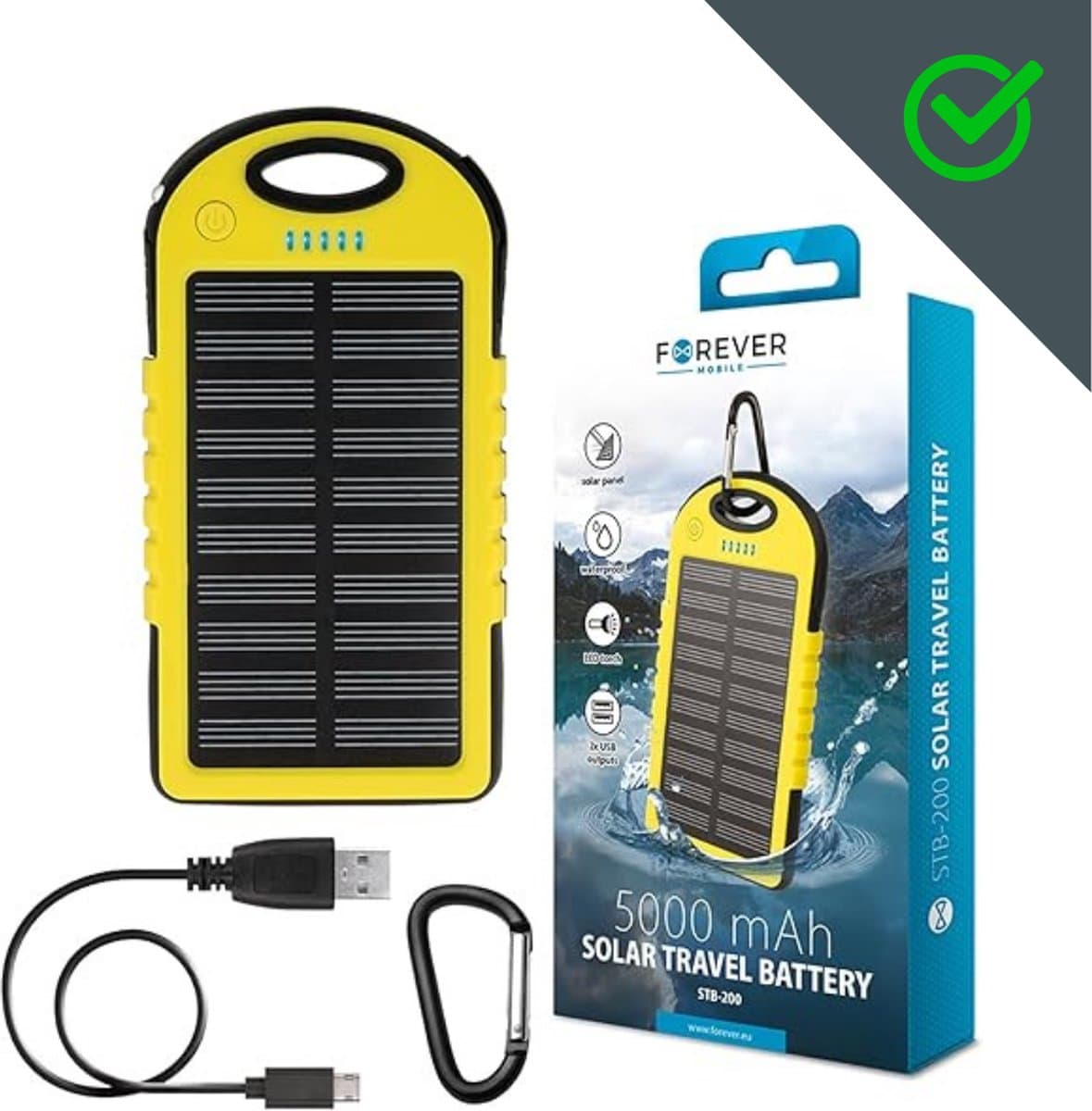 Forever - Powerbank Op Zonneenergie - Solar - Waterdicht - Oplader - 2x USB - Zonnepaneel - Zaklamp - Vaderdag Cadeau