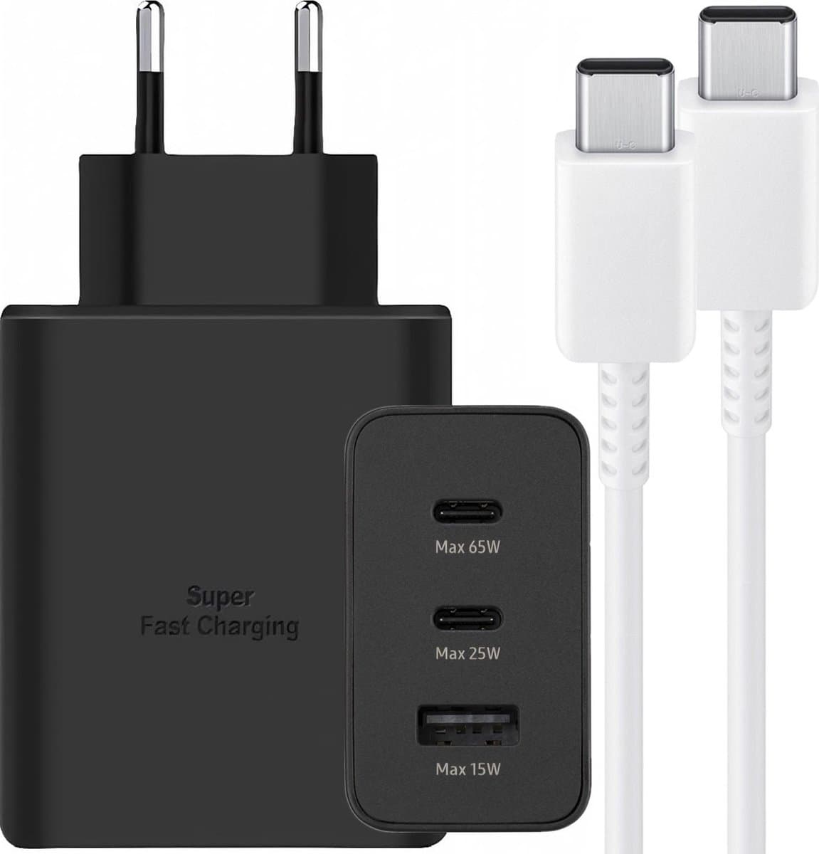 BSTNL USB C Snellader 65W + USB-C 65W Kabel 1M - Geschikt voor al jouw USB-C Apparaten - Universeel - Oplader - 3 Poorten - 2x USB-C & USB-A - Fast Charger - Snellader - USB-C-Adapter - USB Stekker - Zwart