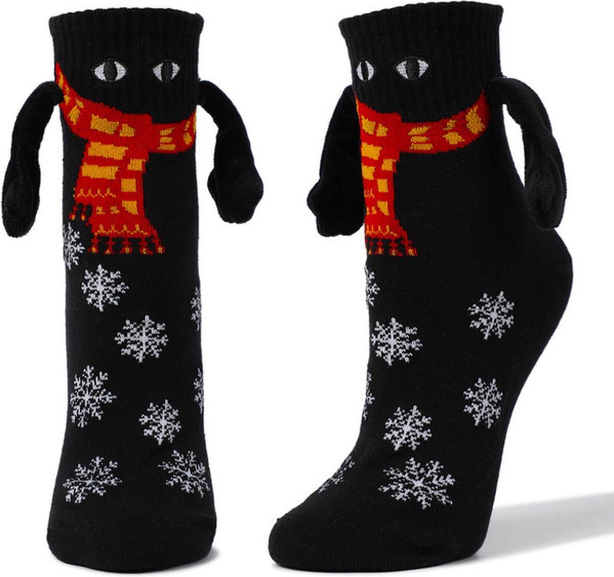 Schattige sokken met magnetische handjes - Zwart met ogen, sjaal en sneeuwvlokken - Sokken Dames/Kinderen maat 35-43