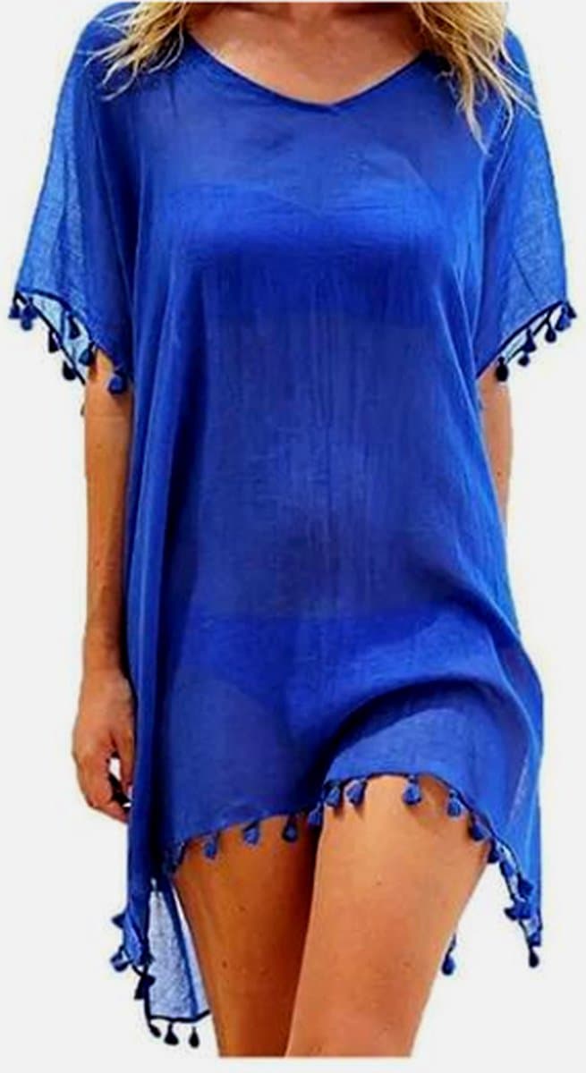 ASTRADAVI Pareo Jurk - Sarong Dress Beachwear - Dames strandkleding met Ronde Hals en Franjes - Koningsblauw