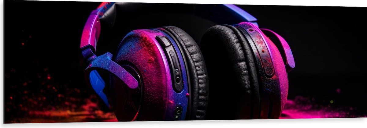 Dibond - Zwarte Koptelefoon Bedolven onder Neon Kleurig Poeder - 150x50 cm Foto op Aluminium (Met Ophangsysteem)