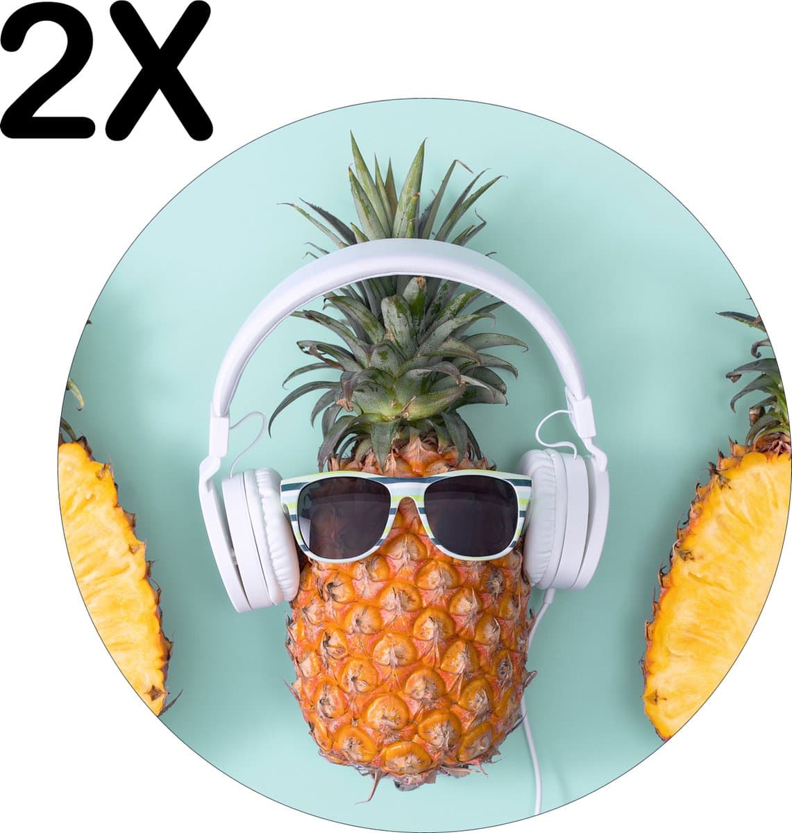 BWK Luxe Ronde Placemat - Hippe Ananassen met Zonnebril en Koptelefoon - Set van 2 Placemats - 40x40 cm - 2 mm dik Vinyl - Anti Slip - Afneembaar