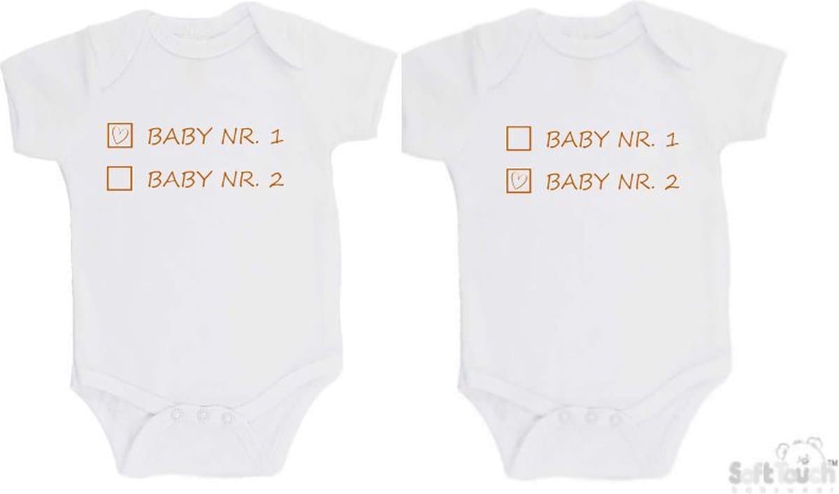 100% katoenen Rompers 2-pack "Baby nr. 1 & Baby nr. 2" Unisex Tweeling Katoen Wit/tan Maat 56/62