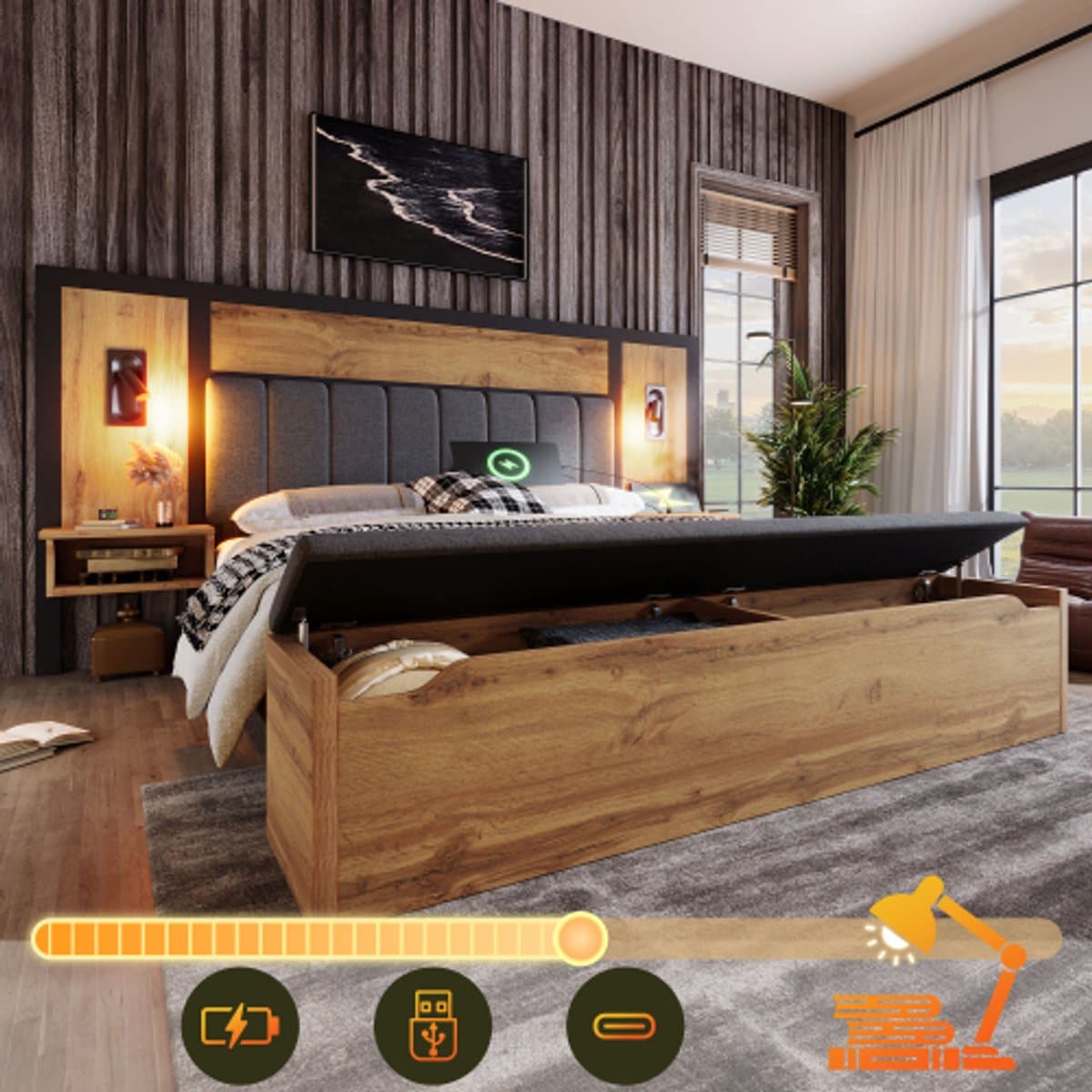 Slaapkamerset - 180x200 cm Eiken -2 persoons bed met Leeslamp & USB-C - Opbergbank
