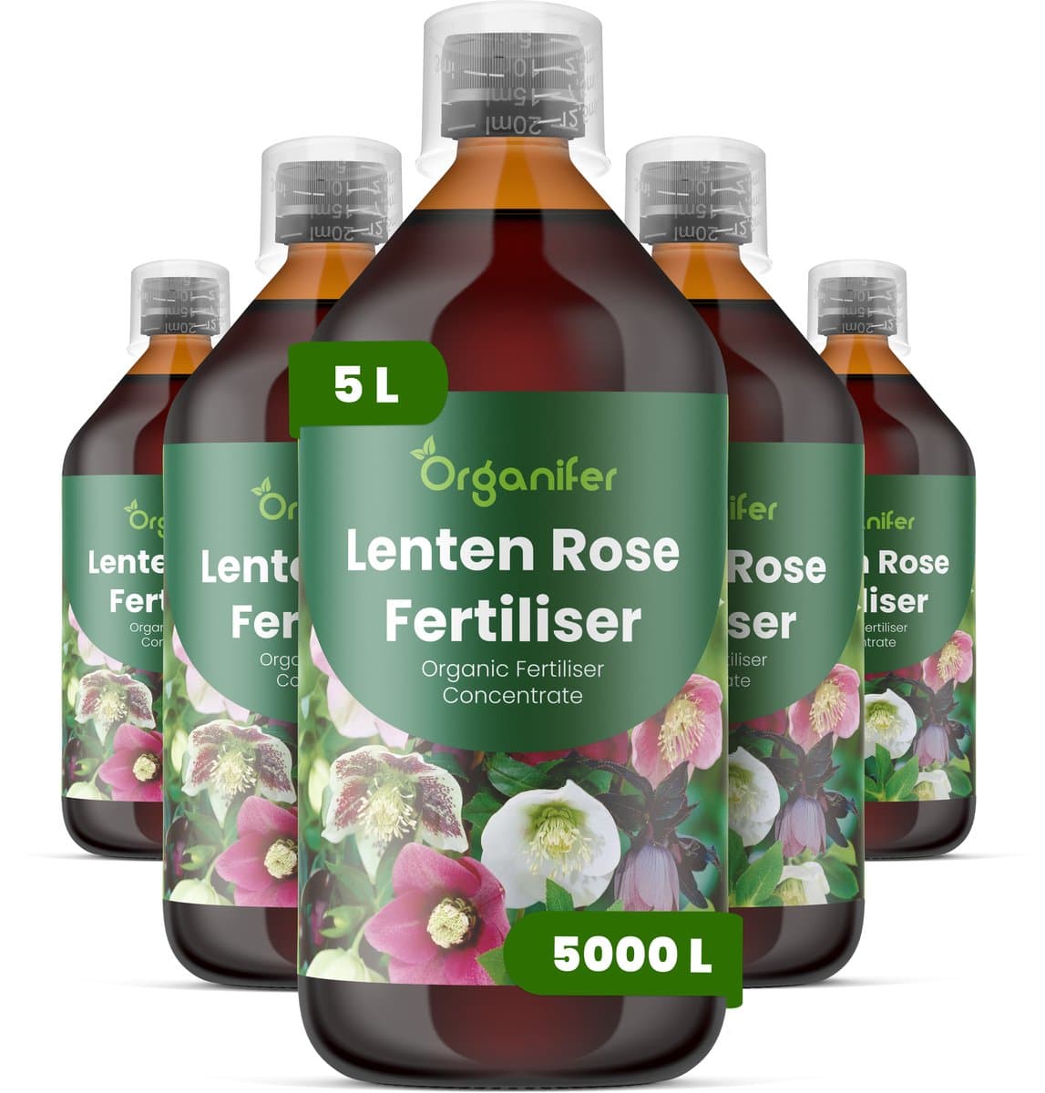 Vloeibare Meststof Voor Lentenroos 5X1 L Voor 5000 L - Npk 3-4-3 - Vroege Bloei - Langere Bloeiduur - Sterk Wortelstelsel - Kleurontwikkeling - Bladstructuur - Wintergroen - Schaduwtuinen - Jaarlijkse Bloei - Organifer