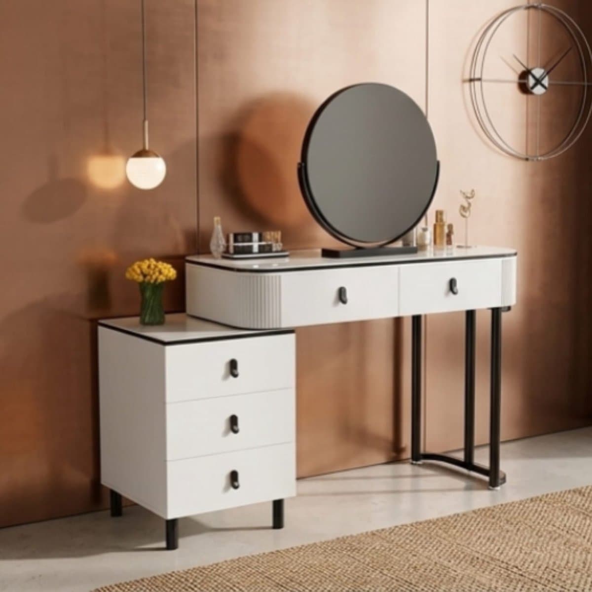Kaptafel met spiegel en LED verlichting 100 x 40 x 126 cm – Moderne make-up tafel met 5 lades en 2-in-1 bureau, dressing table slaapkamer wit zwart – Urbanhome