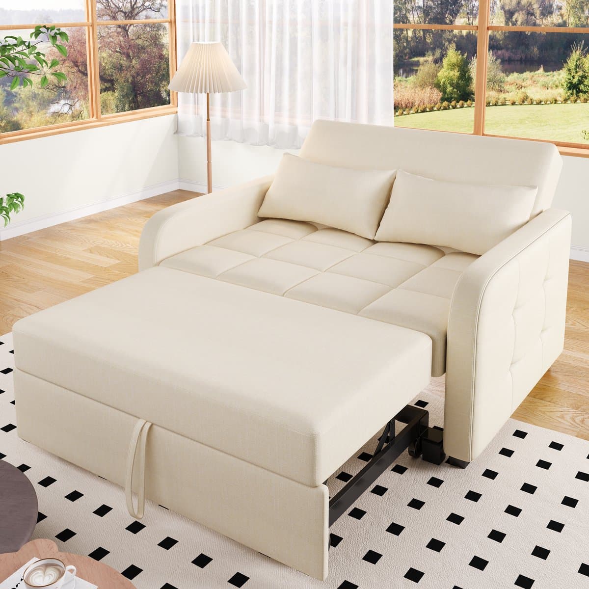 MODFU - Slaapbank - Verstelbare Rugleuning En Uitklapbaar - Voor Logeerkamer - Stof - Beige - 127 x 75 x 94 cm