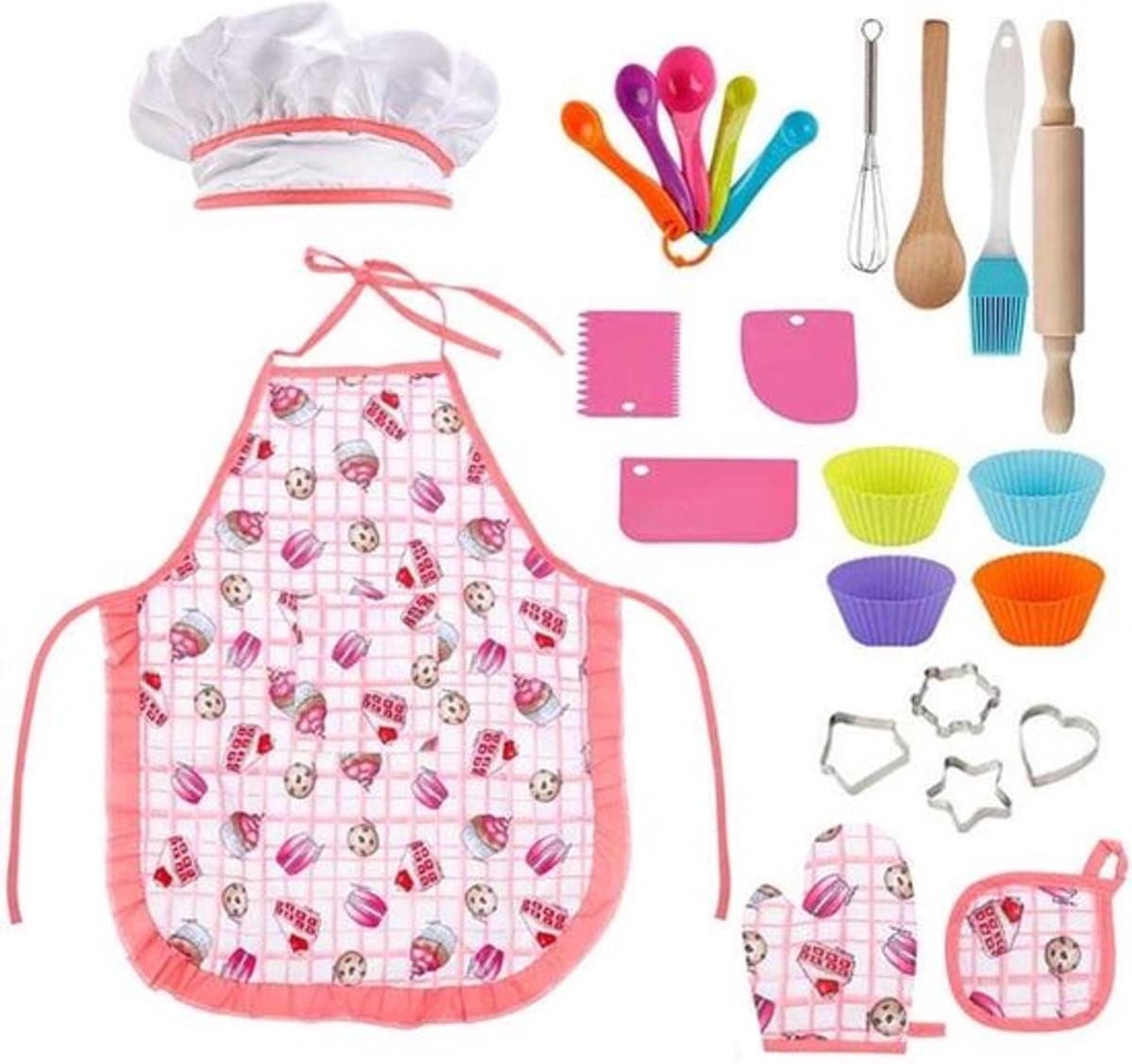 Bakset Kinderen - Roze Kinder Basket - 23 Delig bakset - Vaatwasser veilig - Cupcake Vormpjes - Cupcakes - Koekvormpjes - Schort en Kookmuts - Deegroller