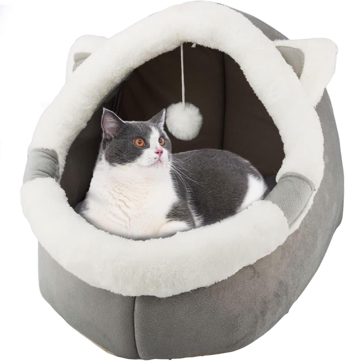 JeiibrZui Kattenbed Binnen met Hangend Speelgoed - 40x38x34 cm - 1 Stuk - Grijs - Zacht Holde Kussen Anti-Slip