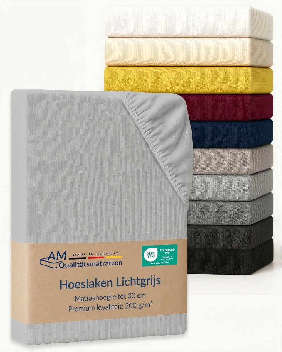 AM Qualitätsmatratzen Premium hoeslaken 160 x 200 cm (200gsm) in Lichtgrijs - Made in Germany - OEKO TEX gecertificeerd topper hoeslaken - Jersey hoeslaken - Fitted Sheets