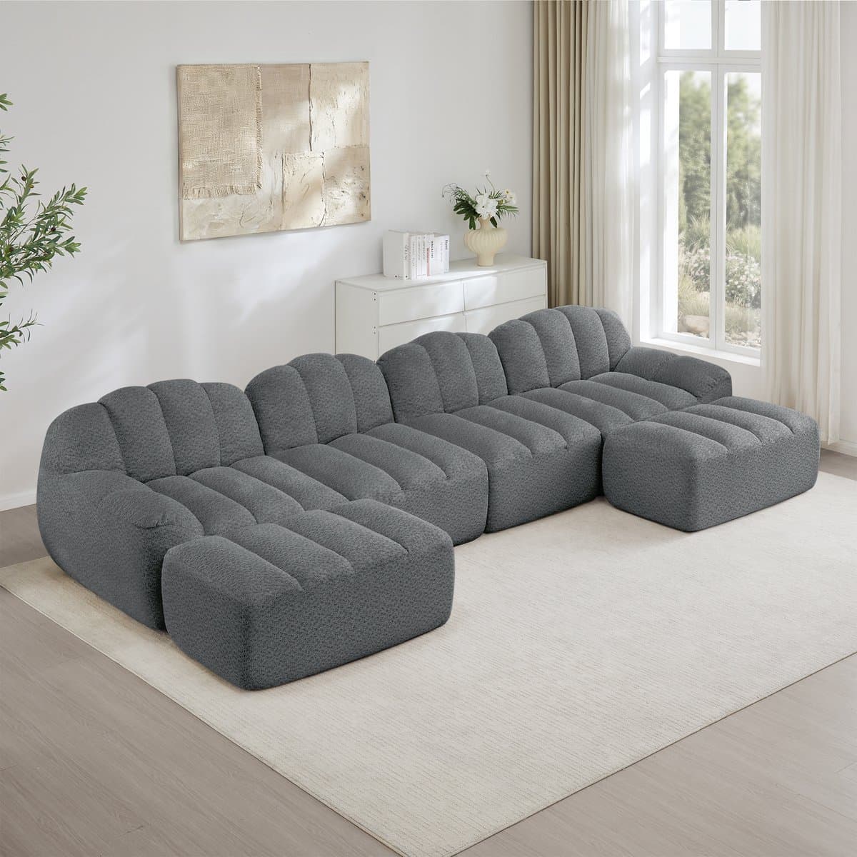 MIVRAY U-Bank 4-Zits - Modulair Met 2 Ottomans En Diepe Zitting - Voor Woonkamer En Appartement - Fleece Grijs