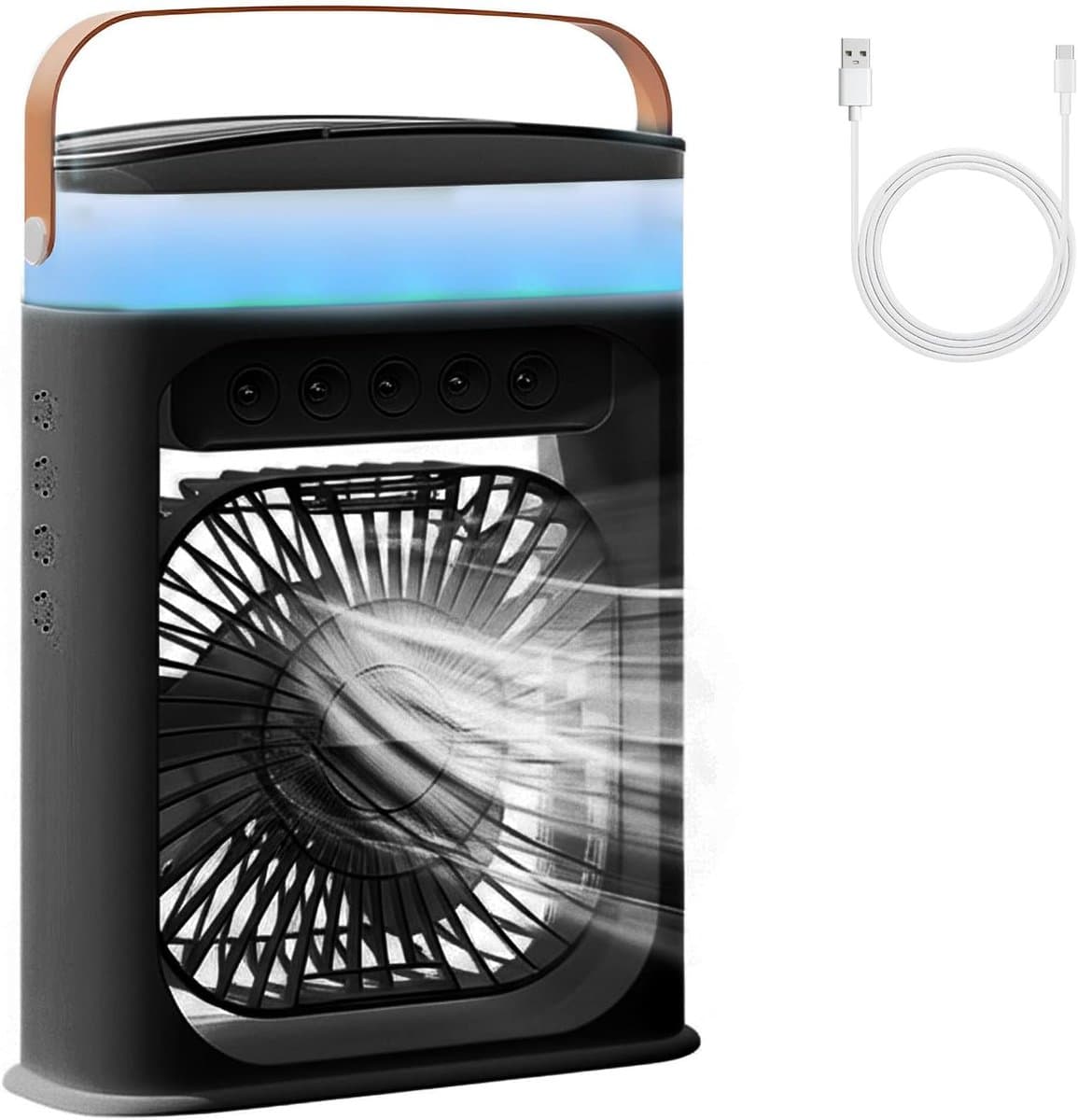 Mobiele Airconditioning - Draagbare Luchtkoeler - Mini Airco - 4-in-1 Ventilator met USB - Luchtkoeler met 600ml Watertank - Kleine Airconditioning voor Slaapkamer & Camping - 3 Snelheden & 3 Nevelmodi - Met 6 Kleuren Nachtlampje
