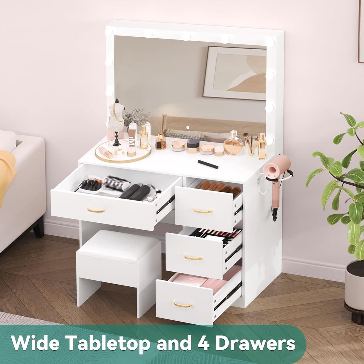 Kaptafel met spiegel en verlichting 90x40x136 cm – make-up tafel met 4 lades, stopcontact, USB en kruk – moderne dressing table met LED licht in wit – Urbanhome