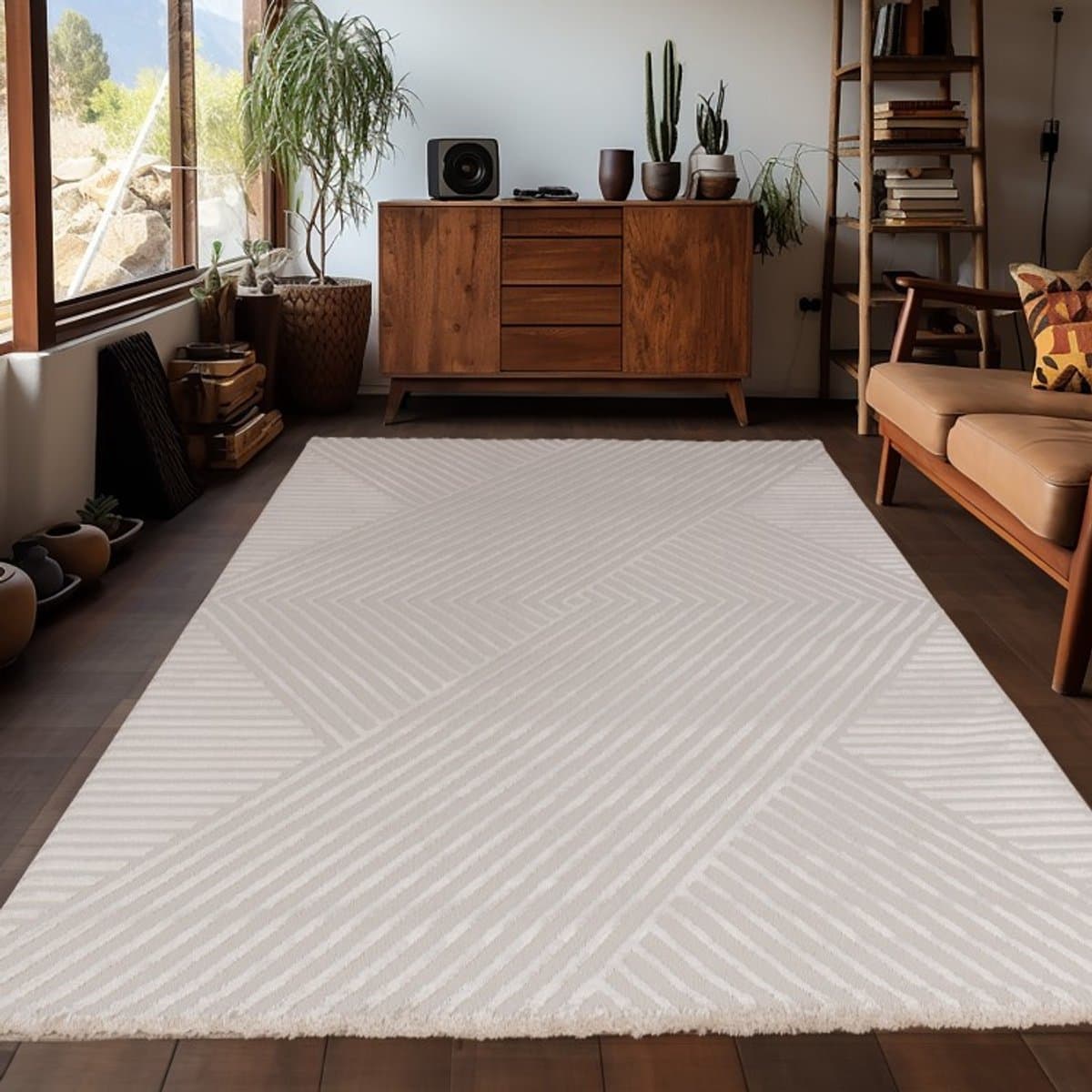 Binnenkleed met zigzagpatroon, beige kleur, voor de woonkamer, modern design, comfortabel, wasbaar. 120x170 cm