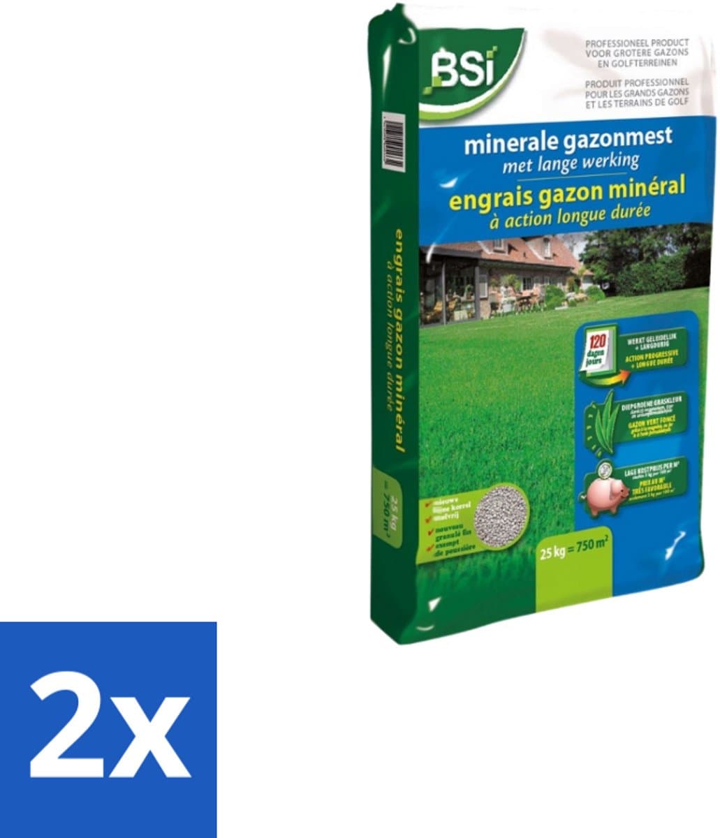 BSI – Minerale Gazonmeststof – Sterke Groei & Diepgroen Gazon – 25 kg (750 m²) - Voordeelverpakking - 2 stuks