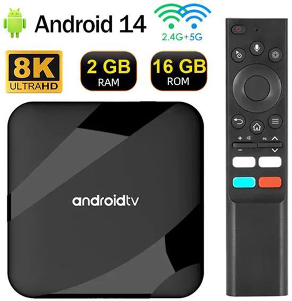 Android 14 TV Box - 8K Mediaspeler - 2GB RAM 16GB ROM - Amlogic S905W2 - Wi-Fi 6 (2.4G/5G) - Bluetooth 5.0 - Geschikt voor Netflix