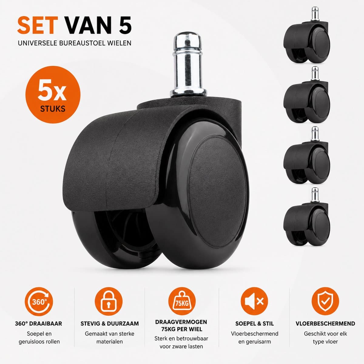 MeubelsvanJoep Bureaustoel wieltjes 11 mm - Bureaustoel wielen 11mm - Ø 50 mm - wieltjes voor onder meubels - 75 KG per wiel - Bureaustoel wieltjes voor laminaat & PVC & harde vloer - Set van 5