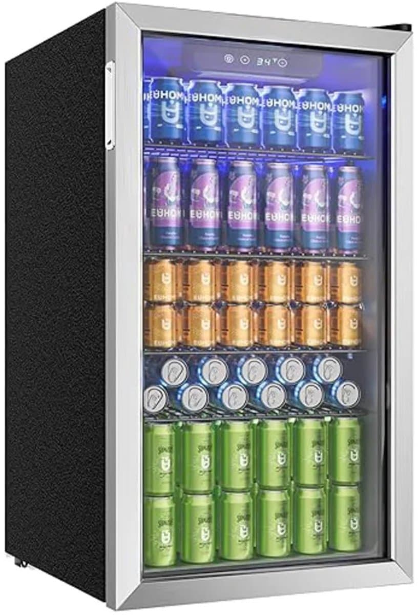 CYRO - Mini Koelkast Glazen Deur - Mini Koelkasten voor Drinken - Minibar - LED - 126 Blikjes - Verstelbare Planken - RVS - Zilver