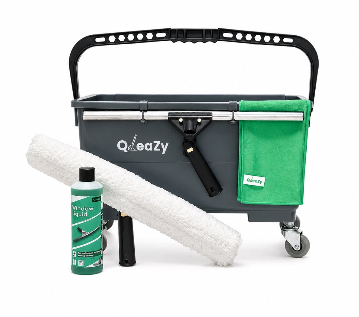 QleaZy - Raamwisser 25cm Swivel SET - Ramen wassen met emmer 20ltr - Ramen Wassen - Glasdoek - Liquid. - Emmer met wielen