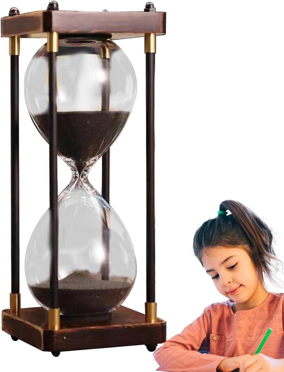 Zandloper Ornament - Zandtimer Decoratie - Tijdmanagement Assistent - Stabiel Houten Onderstel - 14 cm Hoog - Zwart