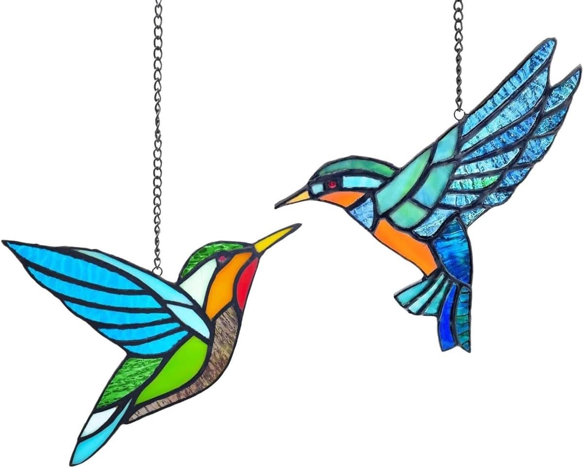 Glasdecoratie Kolibrie - Raamhangers set - Huis versieren - Handgemaakt ontwerp - 2 stuks - Blauw