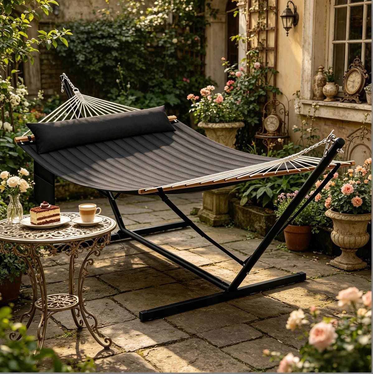 Hangmat Met Standaard – 360 x 105 x 105 cm – Metaal En Polyester – Antraciet – Voor 2 Personen – 250 kg