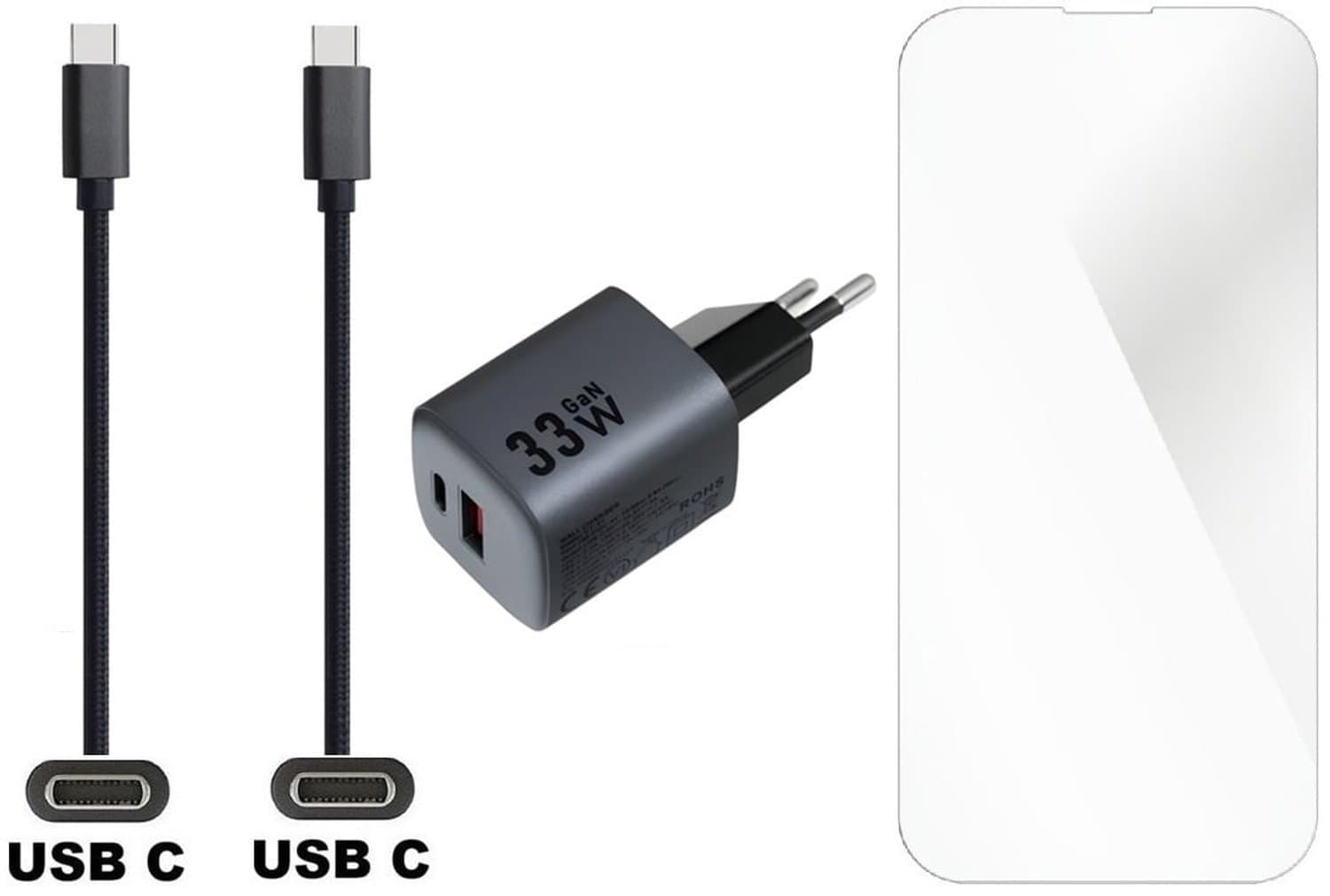OneOne 33W super snellader USB A - USB C poorten en glazen screenprotector + 1,0m USB C naar USB C kabel. Krachtige zwarte PD PPS lader. Compacte oplader adapter met GaN III technologie. Screenprotector past op Apple iPhone 15, iPhone 16