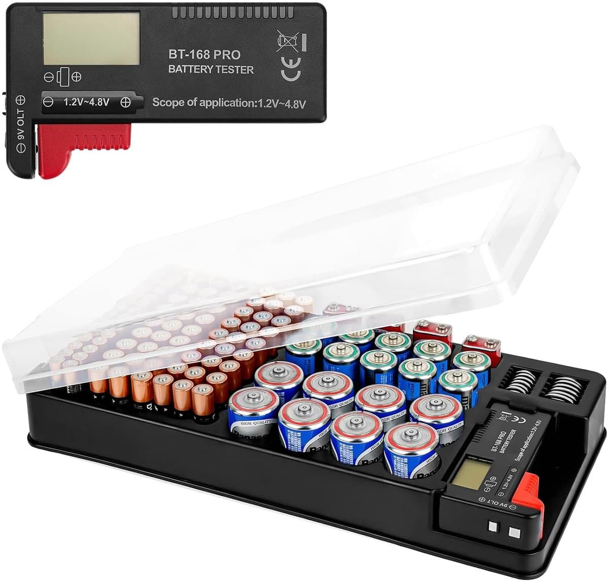 Batterijen Organizer Opbergdoos met Tester voor 93 Batterijen, Geschikt voor AAA, AA, 9V, C, D en Knopcelbatterijen (Zwart)