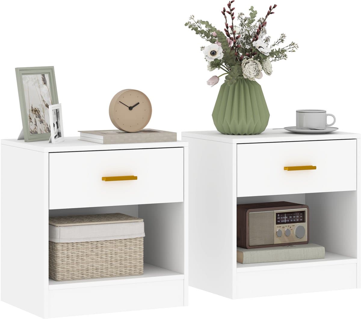 Set van 2 Nachtkastjes, nachtkastje met 2 laden en open planken, gouden handgreep, moderne stijl, bankpunt voor slaapkamer, woonkamer, 39 x 28 x 41 cm, wit