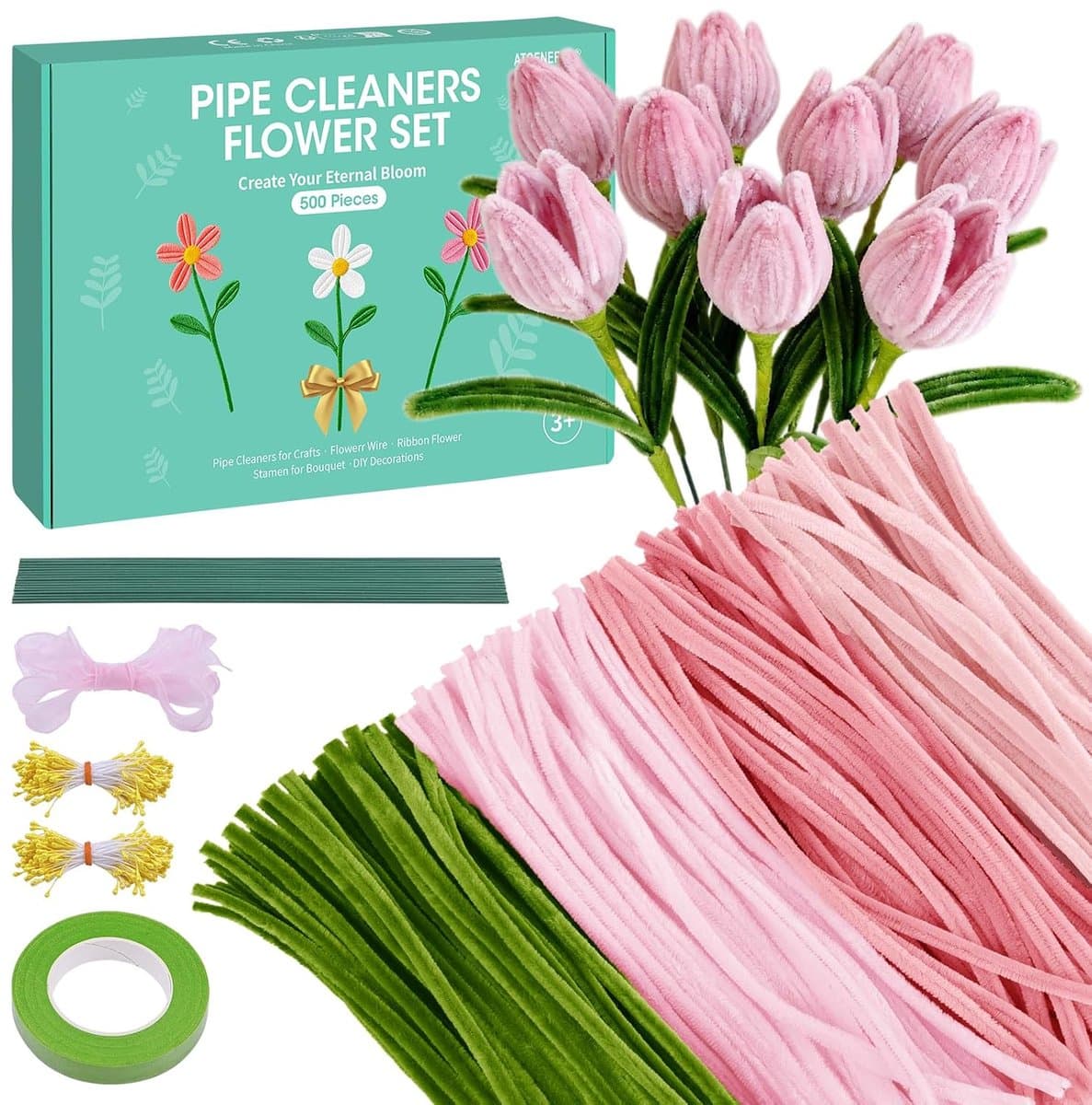 Bloemen set, 500 stuks pijpenreinigers om te knutselen, roze
