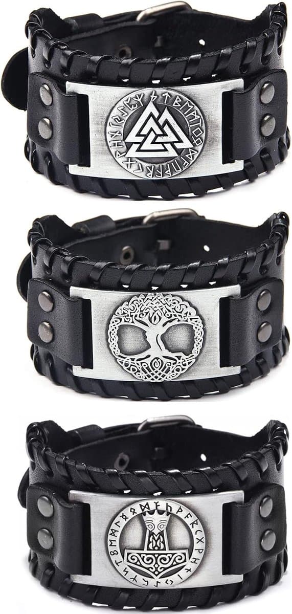 Armbanden, zwarte Odin Rune armbanden, levensboom brede lederen armbanden, Viking Thor's Hammer Pattern-armbanden, Nordic lederen manchetarmband voor heren