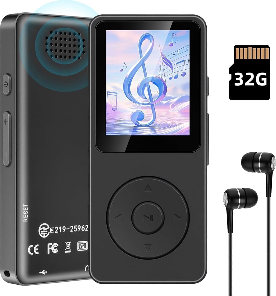 MP3-speler, 32 GB, Bluetooth, 5,3-1,8 inch, TFT-kleurenscherm, MP3-speler met hoofdtelefoon, luidspreker, FM-radio, e-book, opname, tot 128 GB, voor kinderen en volwassenen