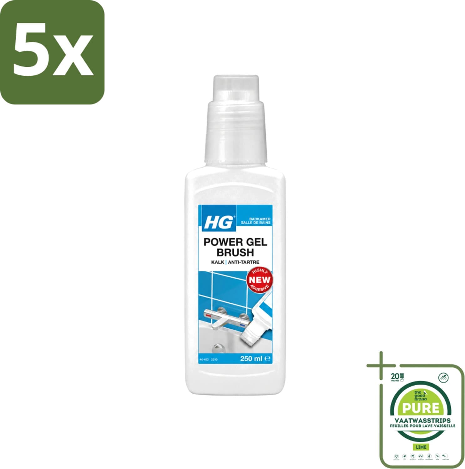 5 x HG - Badkamer - Power Gel Brush - Kalk - Agressief - 250 ml - Grootverpakking - Vaatwasstrips - Kalk Verwijderen - Badkamer Schoonmaken - Kalk Oplossen - Douchewand Reinigen - Kraan Reinigen